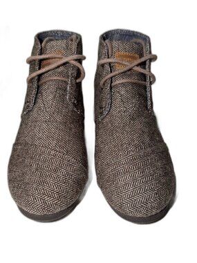 TOMS Desert Wedge Brown Herringbone Ankle Booties Youth 3.5 with Box